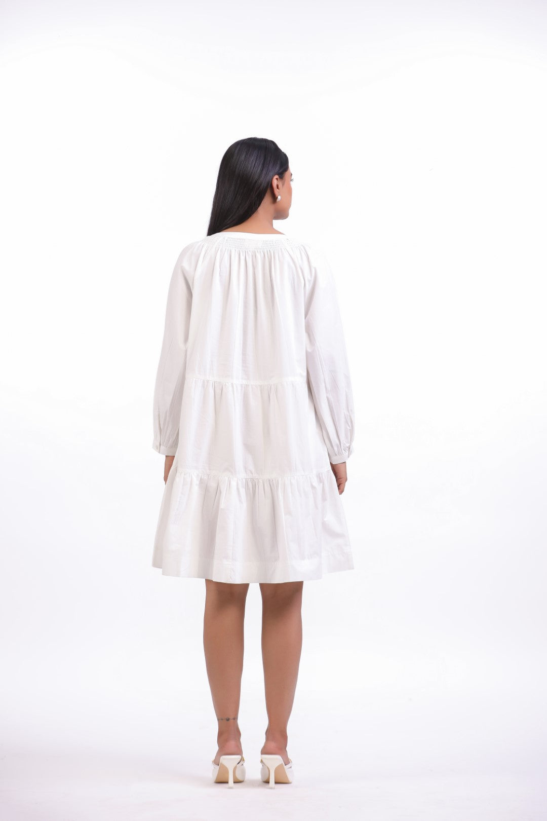 MUUN Women White Smocking Work Cotton Full Sleeve Round Collar Midi Flared Dress with Pocket