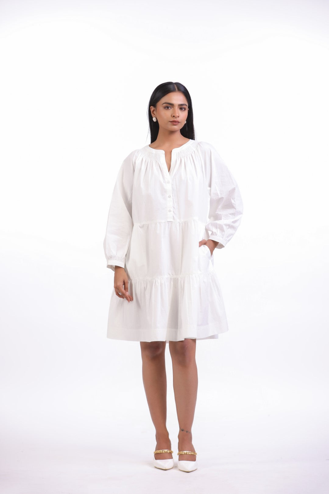 MUUN Women White Smocking Work Cotton Full Sleeve Round Collar Midi Flared Dress with Pocket