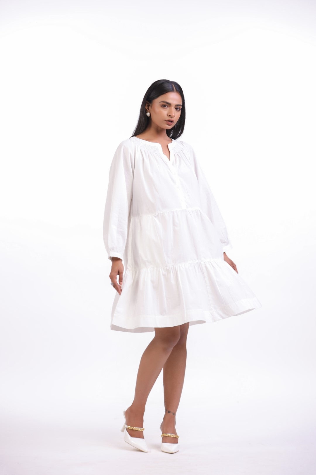 MUUN Women White Smocking Work Cotton Full Sleeve Round Collar Midi Flared Dress with Pocket