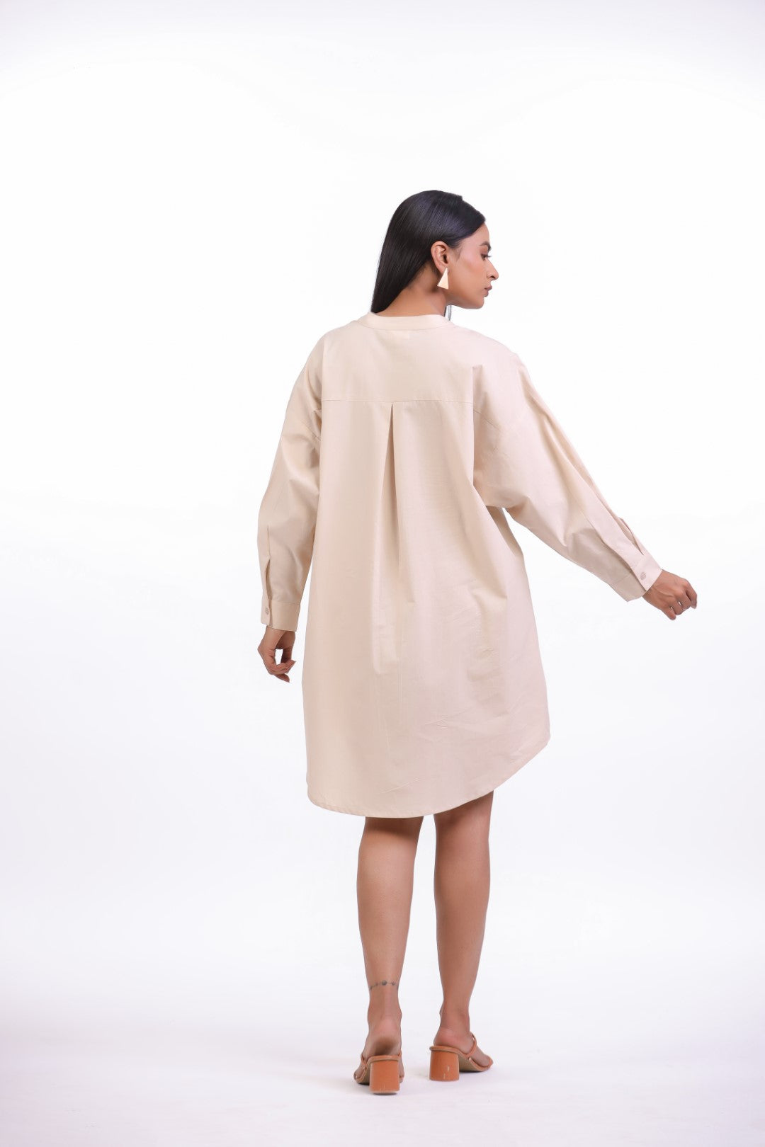 MUUN Women Beige Solid Cotton Full Sleeve Mandarin Collar Midi Dress with Pocket