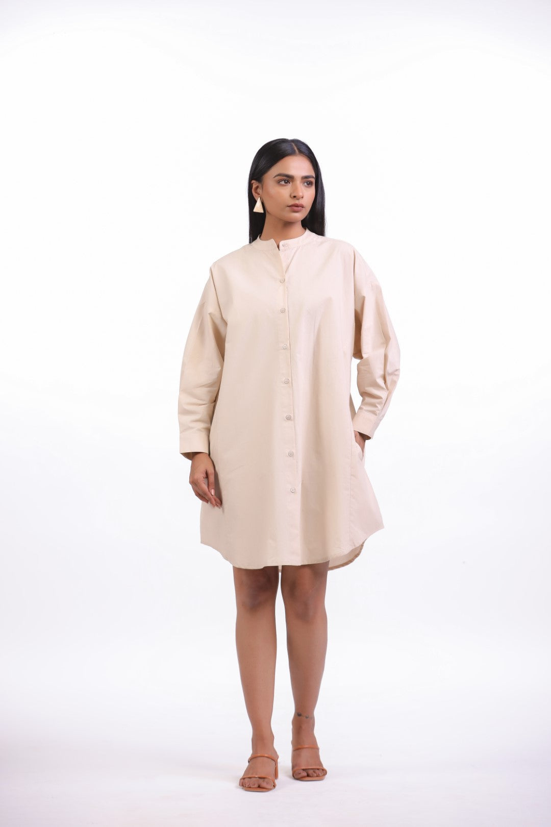 MUUN Women Beige Solid Cotton Full Sleeve Mandarin Collar Midi Dress with Pocket
