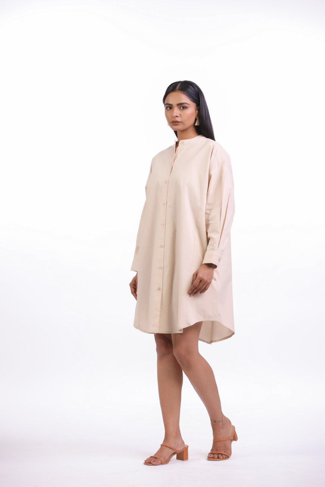 MUUN Women Beige Solid Cotton Full Sleeve Mandarin Collar Midi Dress with Pocket