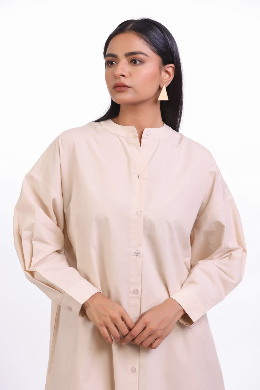 MUUN Women Beige Solid Cotton Full Sleeve Mandarin Collar Midi Dress with Pocket