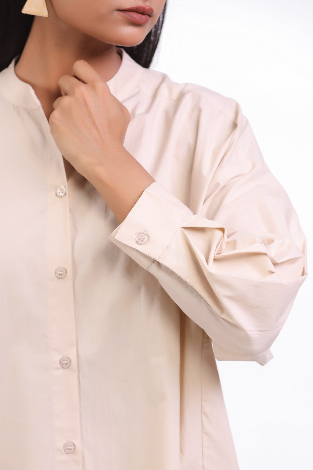 MUUN Women Beige Solid Cotton Full Sleeve Mandarin Collar Midi Dress with Pocket