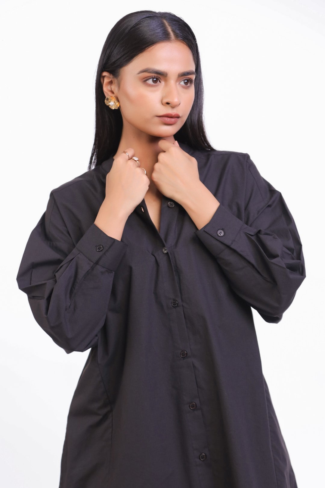 MUUN Women Black Solid Cotton Full Sleeve Mandarin Collar Midi Dress with Pocket