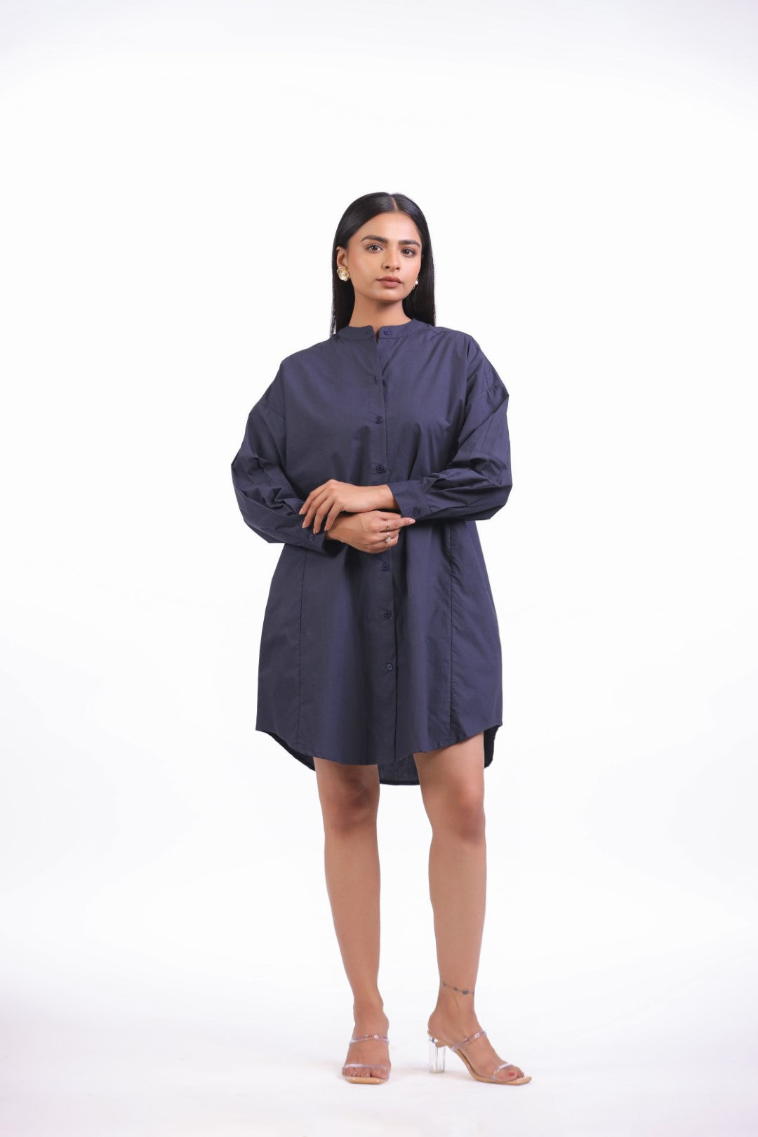 MUUN Women Navy Solid Cotton Full Sleeve Mandarin Collar Midi Dress with Pocket