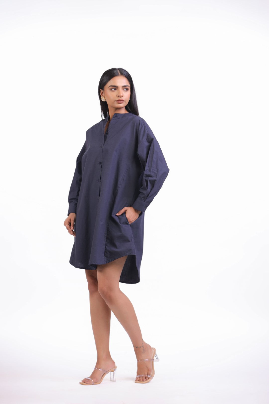 MUUN Women Navy Solid Cotton Full Sleeve Mandarin Collar Midi Dress with Pocket