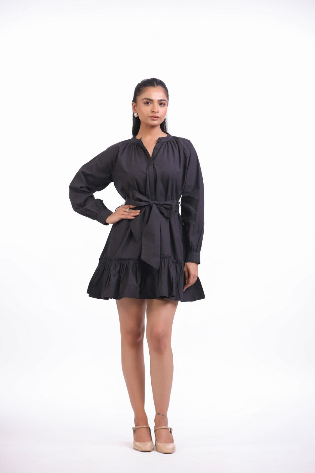 MUUN Women's Black Solid Cotton Midi Dress