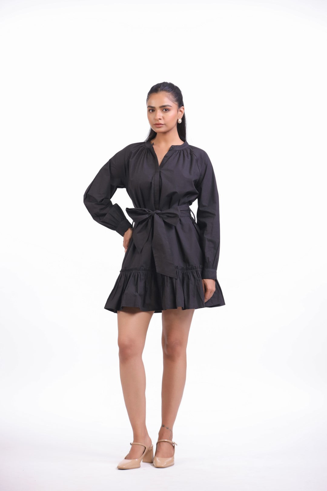 MUUN Women's Black Solid Cotton Midi Dress