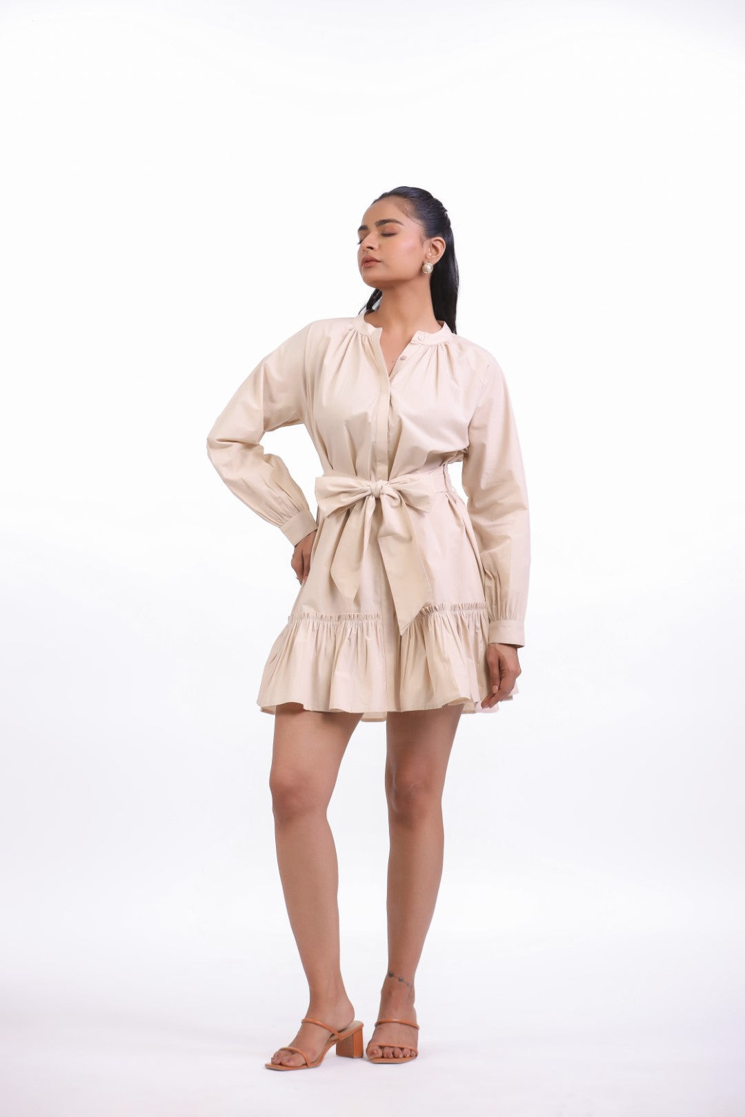 MUUN Women's Beige Solid Cotton Midi Dress