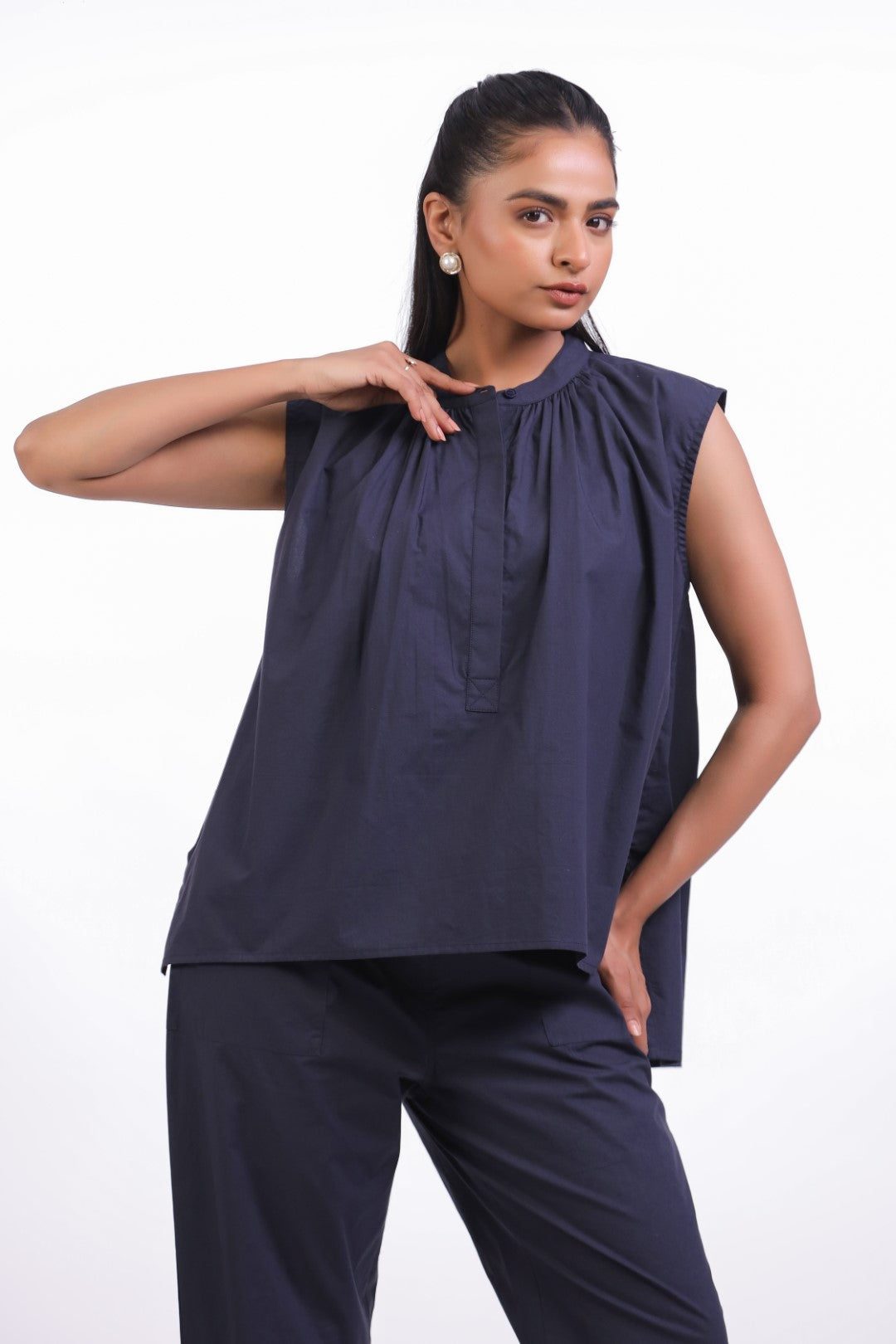 Women's Cotton Top With Navy Blue Pants (CO-ORD)