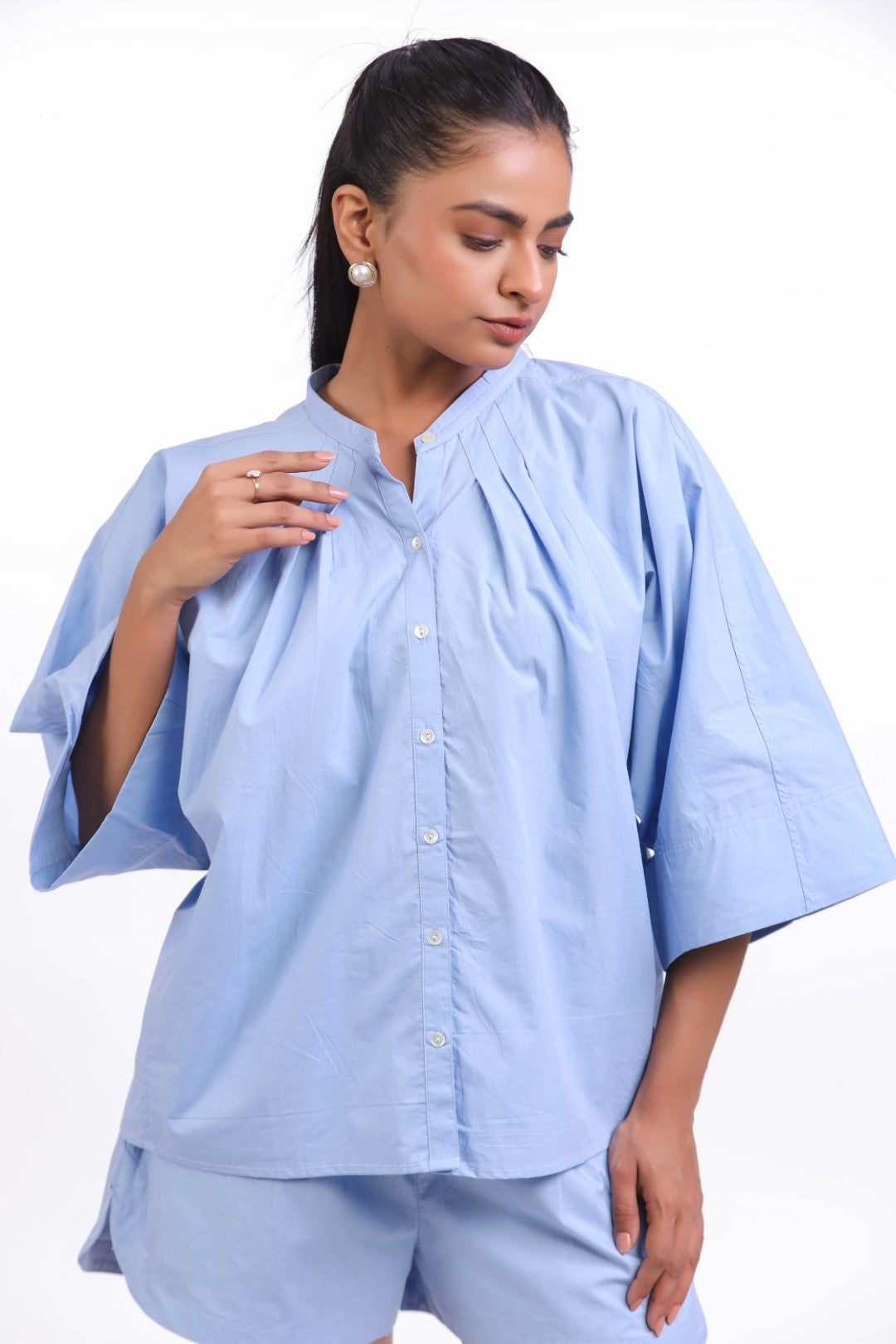 Women’s Blue Solid Cotton Poplin Co-Ord Set