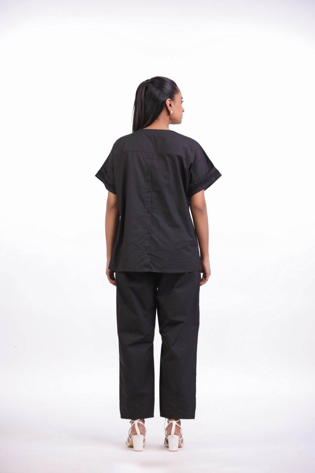 Women Black Cotton Top With Black Cotton Pant Co-Ord set