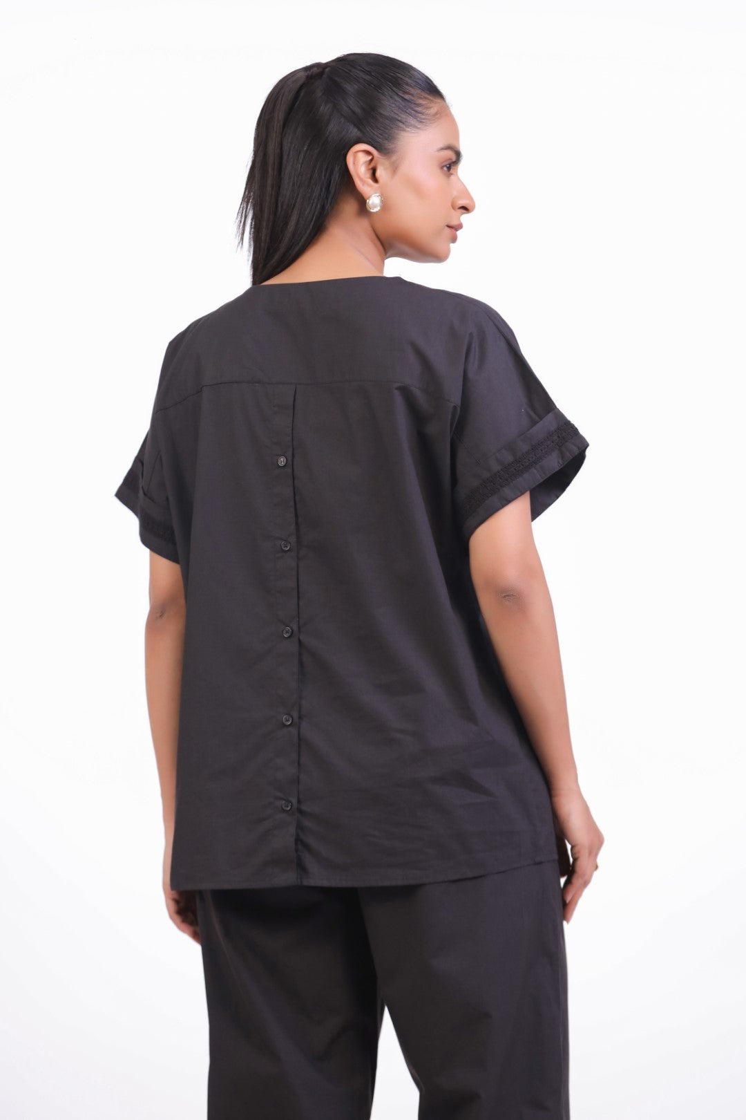 Women Black Cotton Top With Black Cotton Pant Co-Ord set
