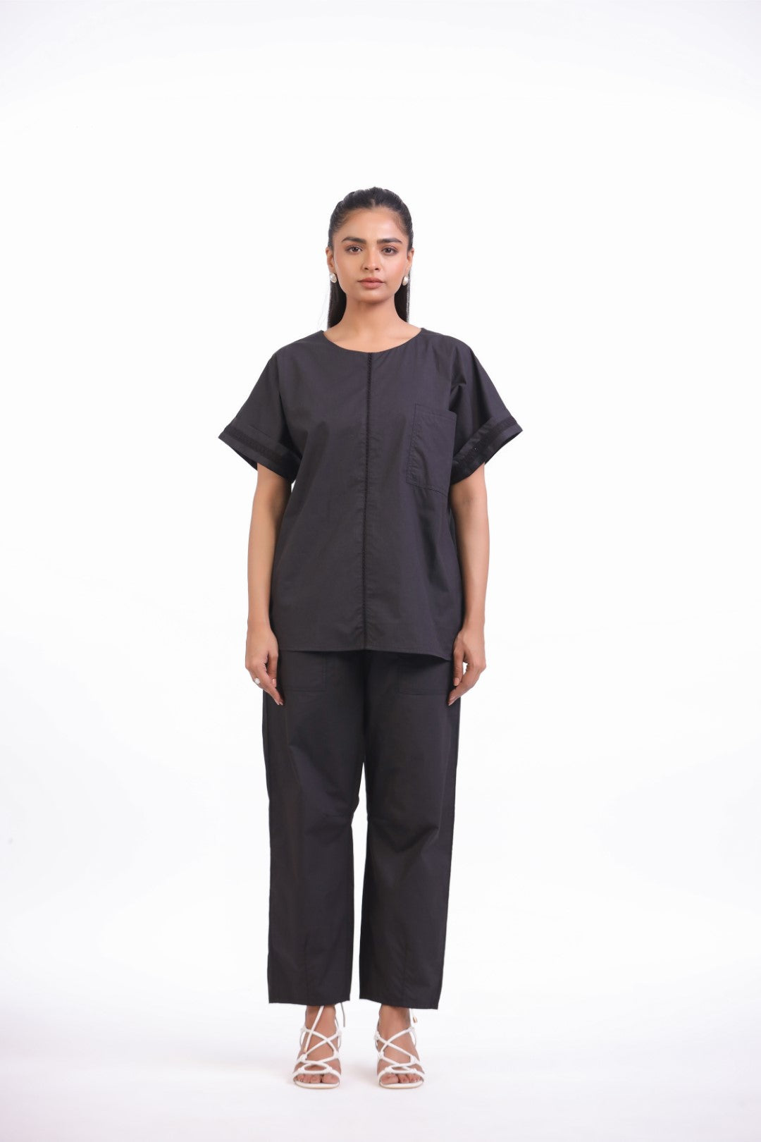 Women Black Cotton Top With Black Cotton Pant Co-Ord set