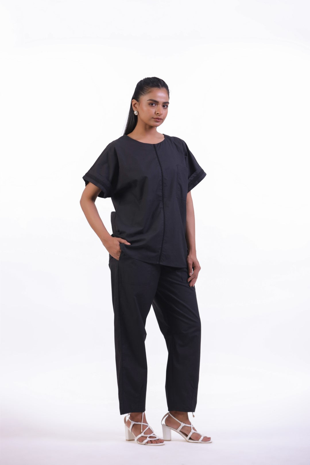 Women Black Cotton Top With Black Cotton Pant Co-Ord set