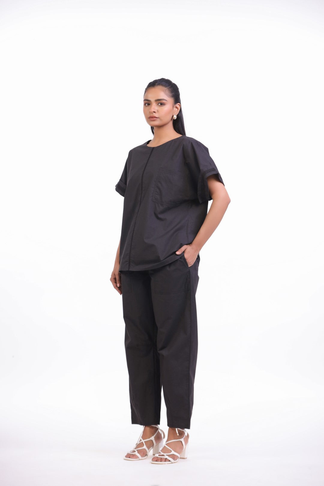 Women Black Cotton Top With Black Cotton Pant Co-Ord set
