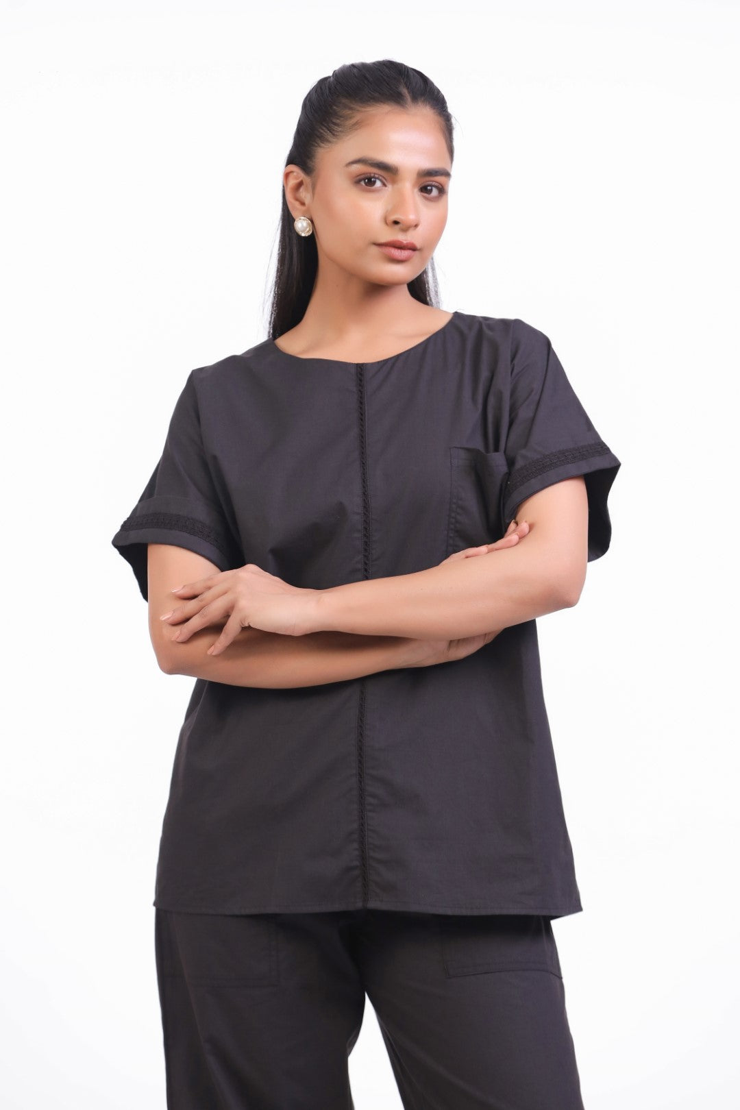 Women Black Cotton Top With Black Cotton Pant Co-Ord set