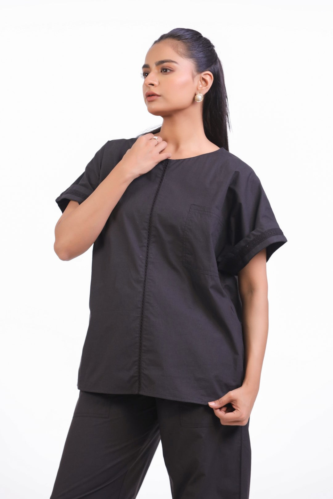 Women Black Cotton Top With Black Cotton Pant Co-Ord set