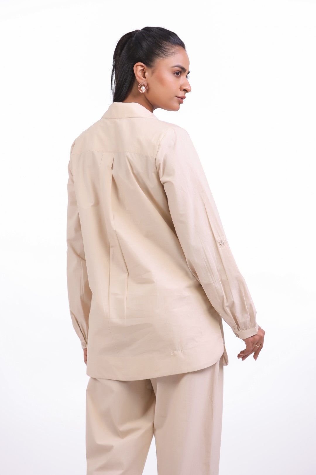 Women Beige Cotton Shirt With Pant (Co-ord)