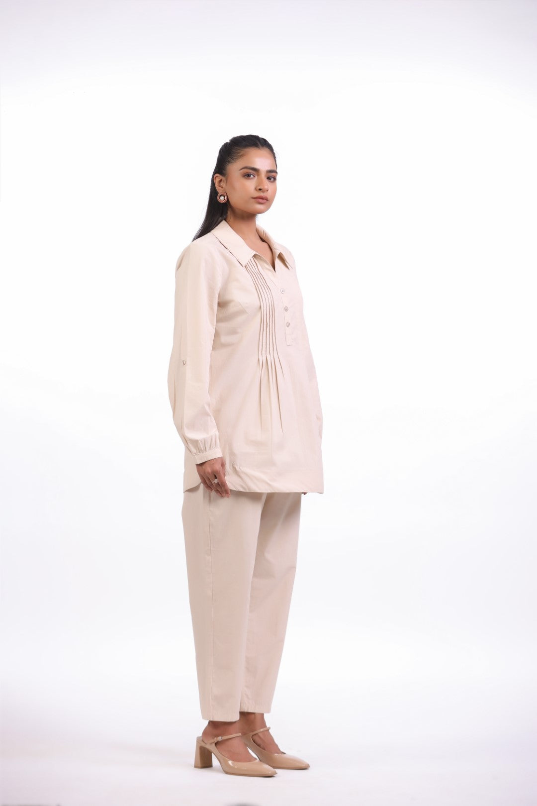 Women Beige Cotton Shirt With Pant (Co-ord)