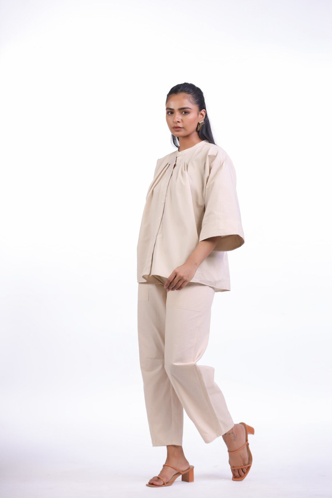 Women’s Beige Solid Cotton Poplin Co-Ord Set