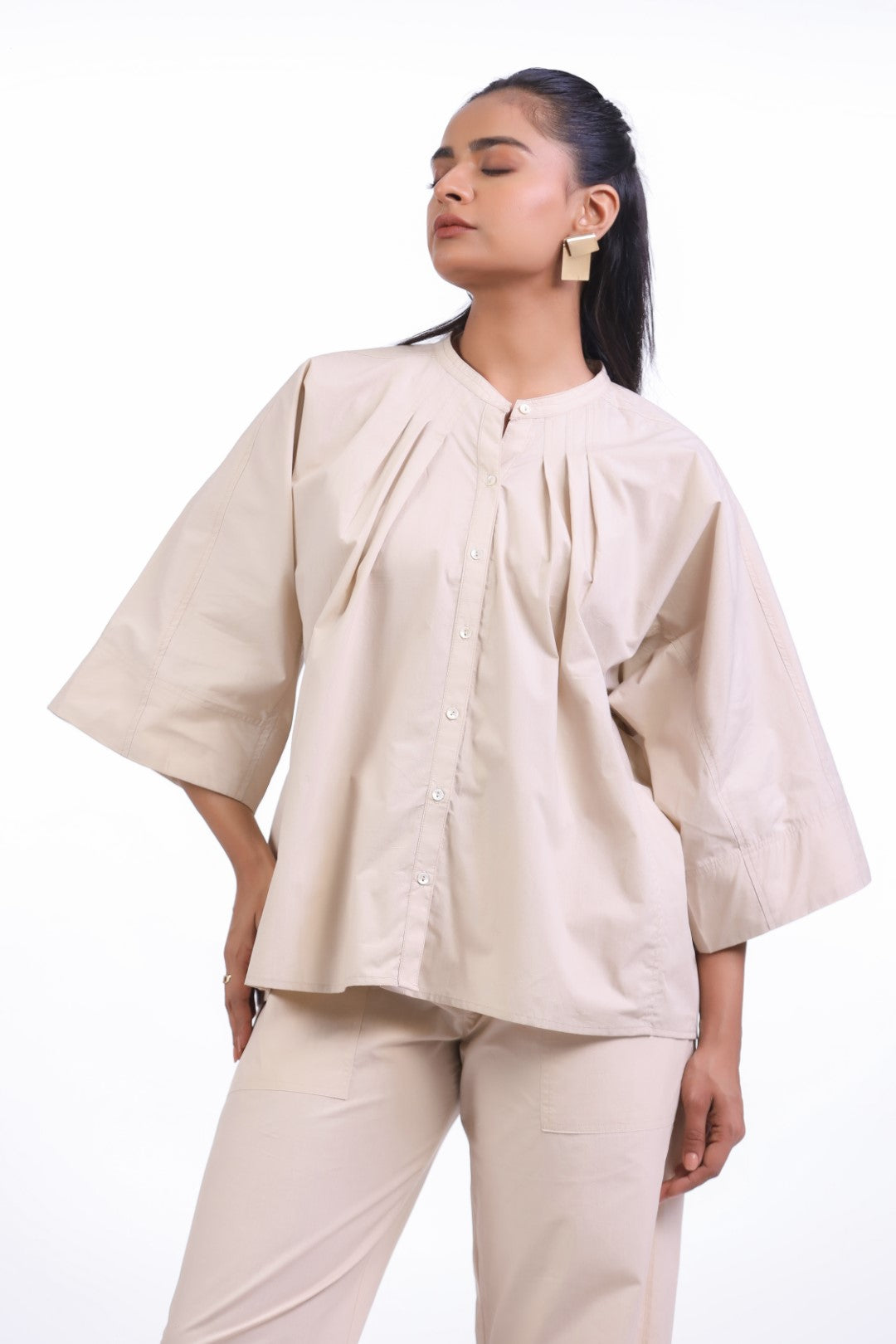 Women’s Beige Solid Cotton Poplin Top