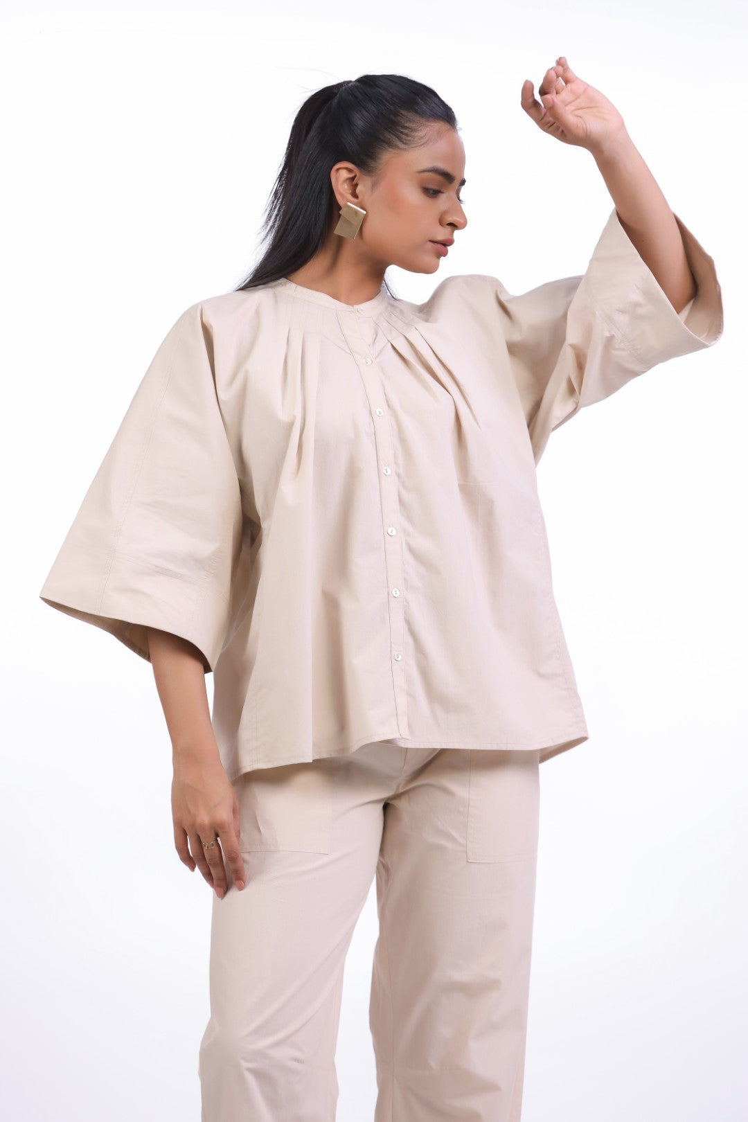 Women’s Beige Solid Cotton Poplin Co-Ord Set