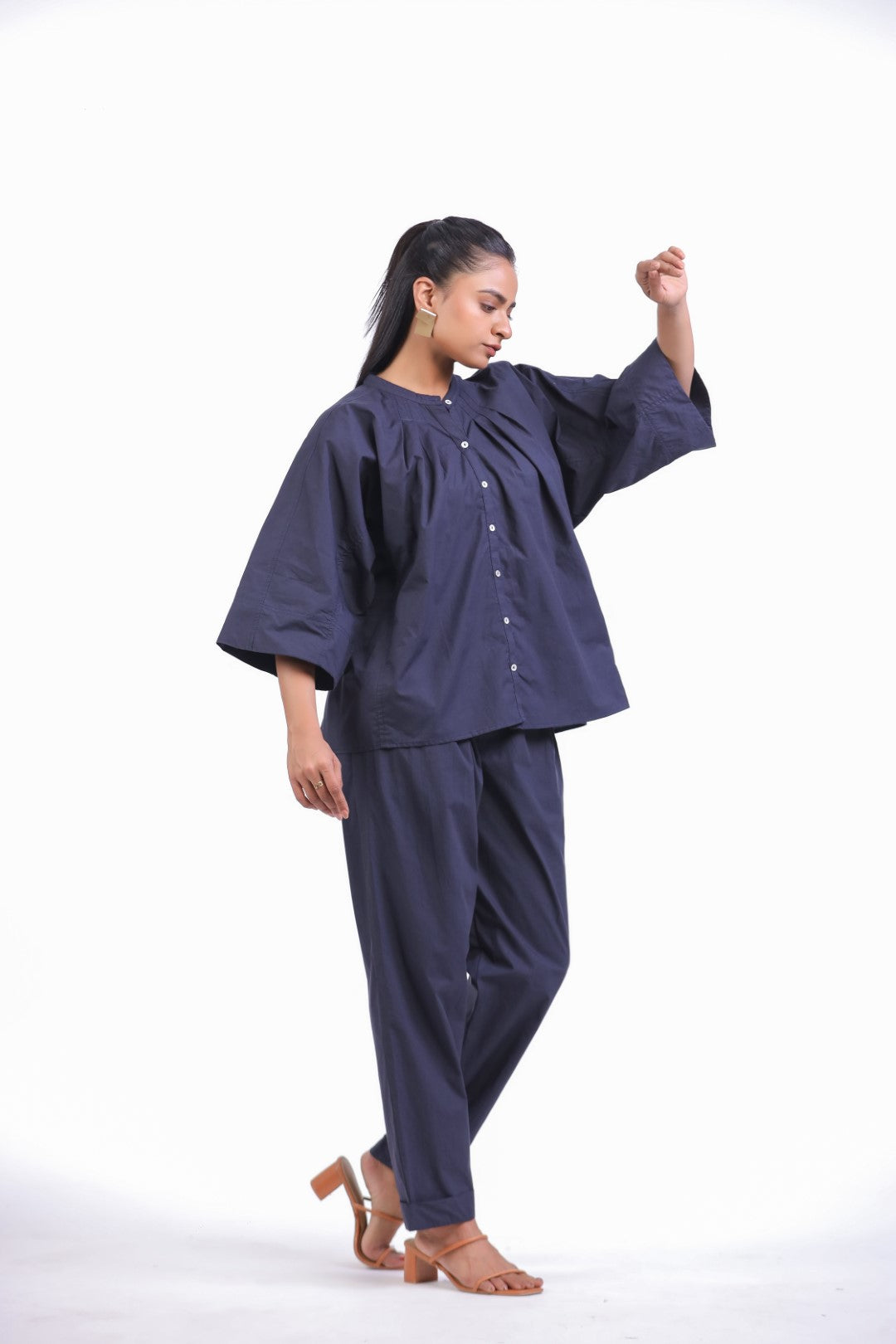 Women’s Navy Solid Cotton Poplin Co-Ord Set