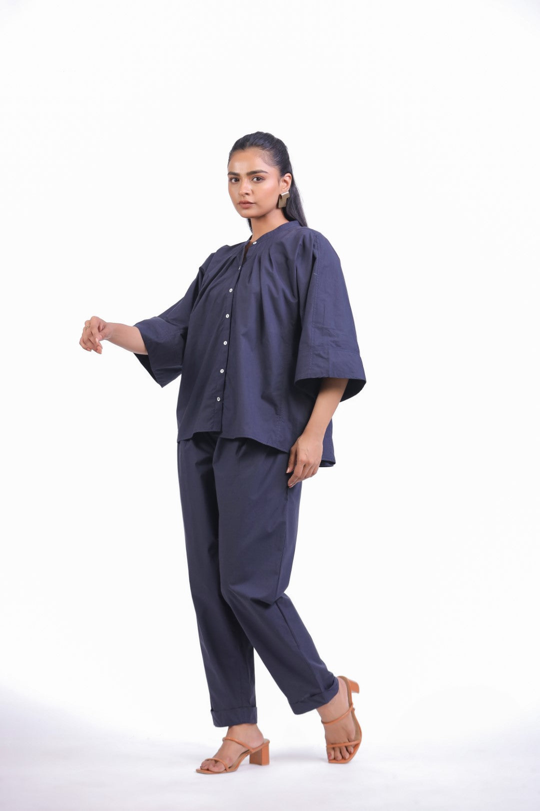 Women’s Navy Solid Cotton Poplin Co-Ord Set
