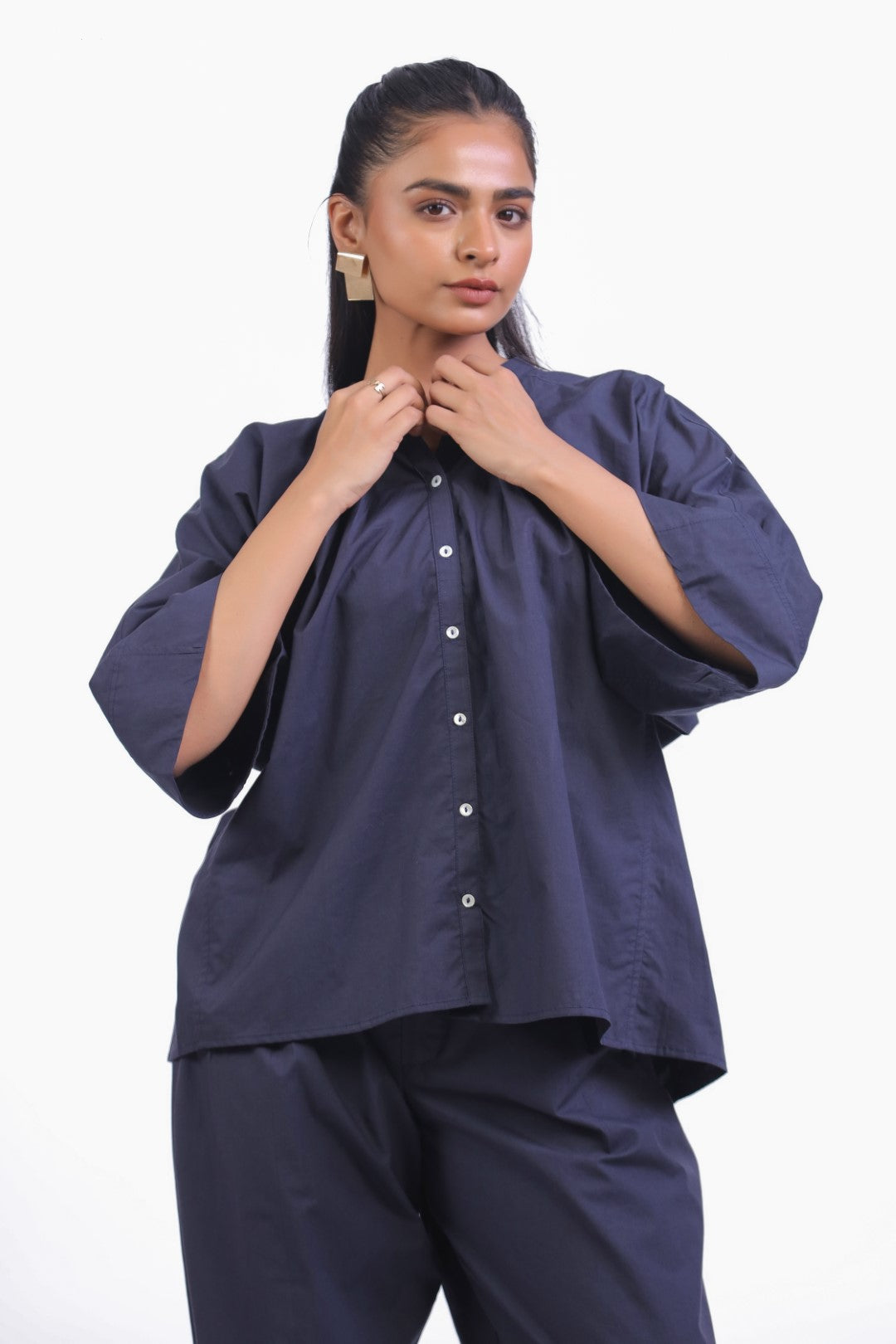 Women’s Navy Solid Cotton Poplin Co-Ord Set