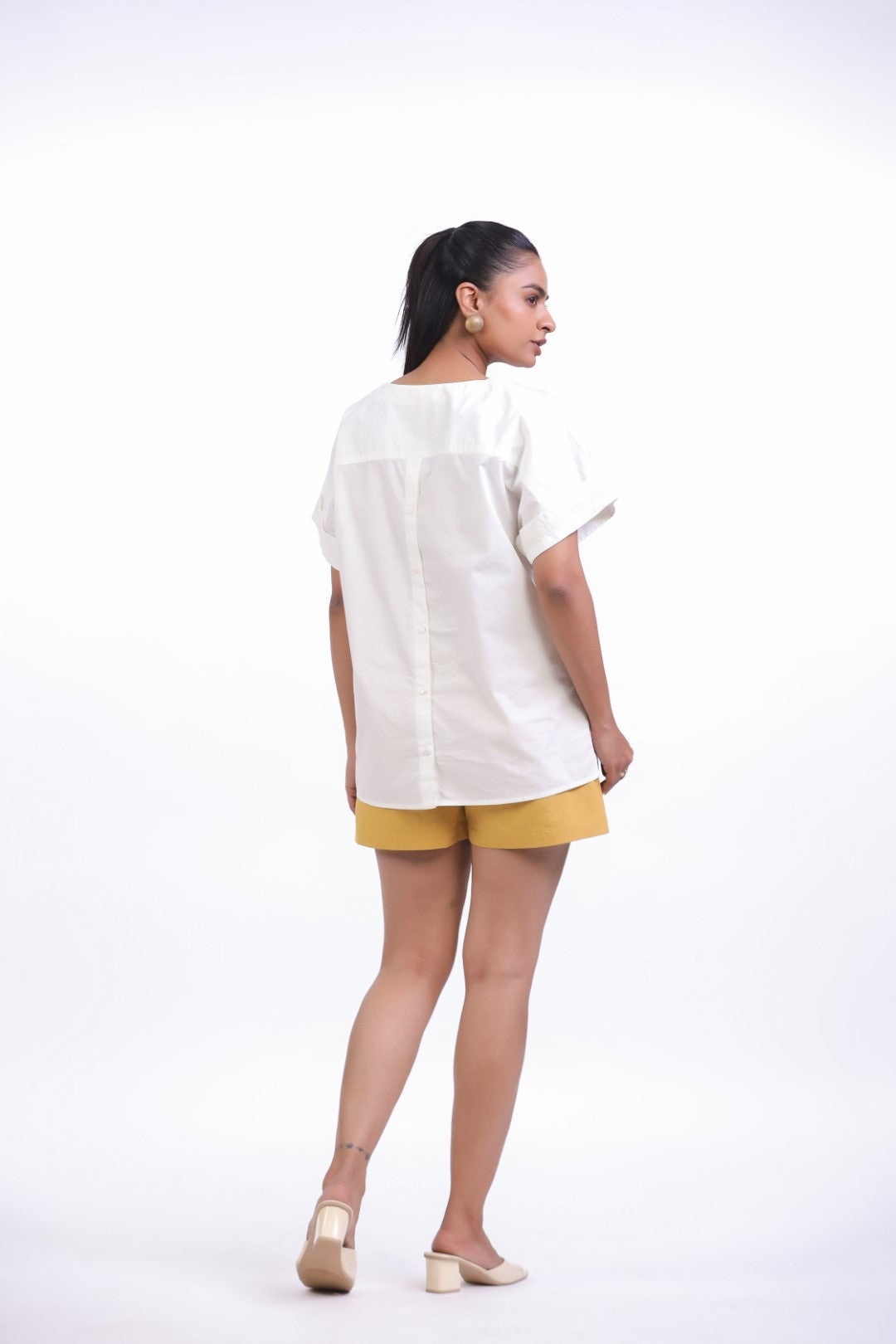 Women White Cotton Top With Yellow Shorts (Co-ord)