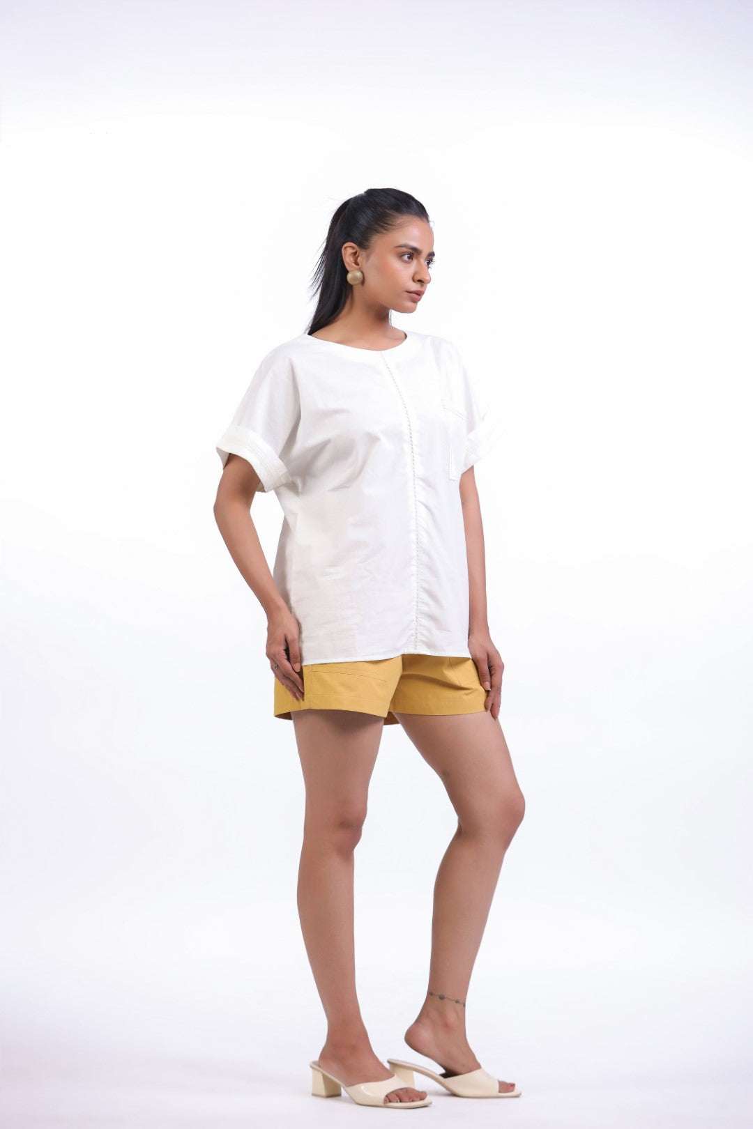 Women White Cotton Top With Yellow Shorts (Co-ord)