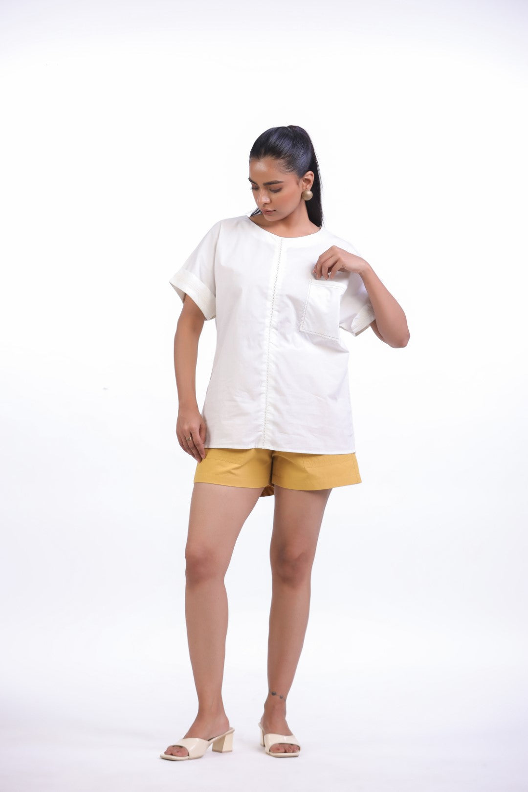 Women White Cotton Top With Yellow Shorts (Co-ord)