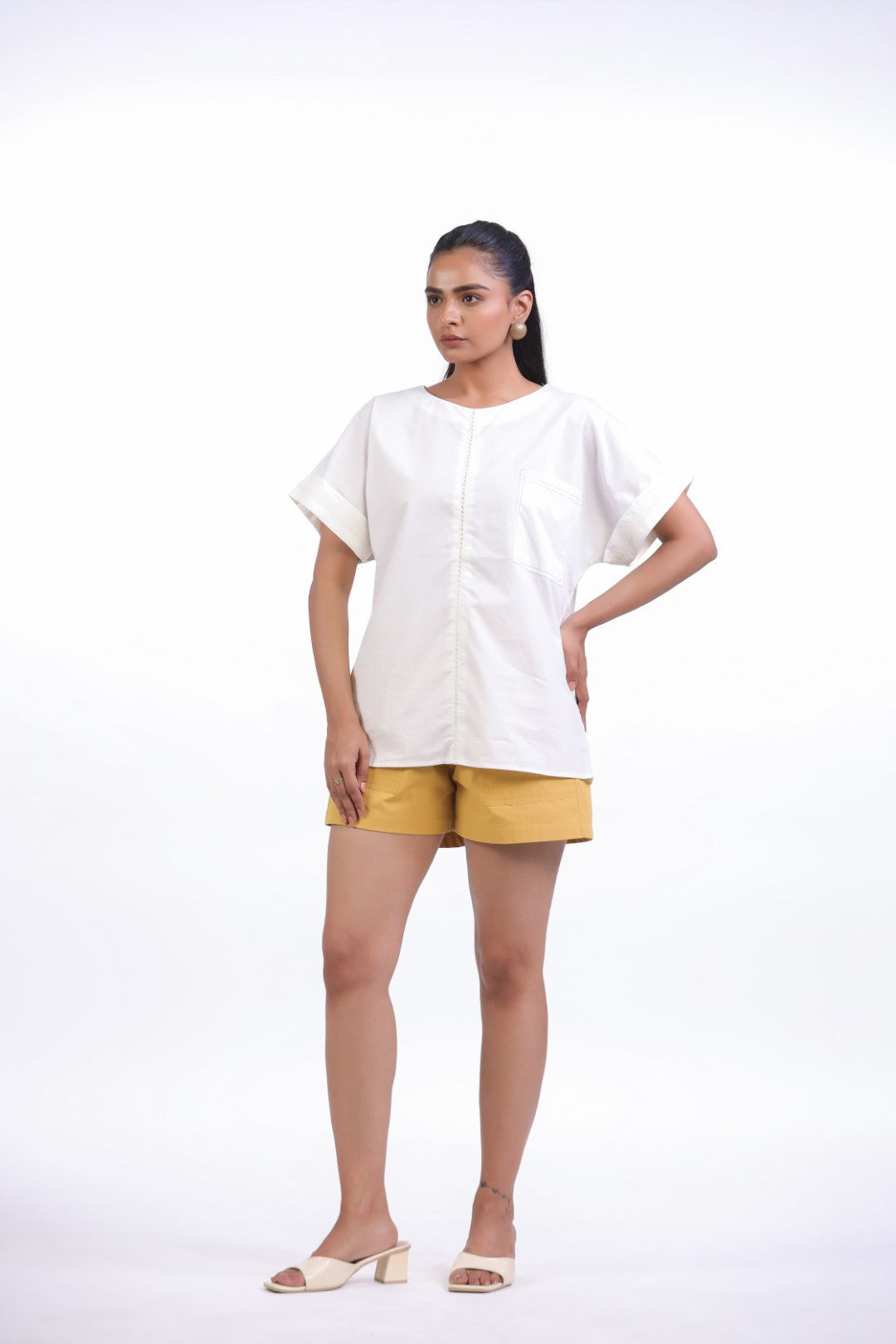 Women White Cotton Top With Yellow Shorts (Co-ord)