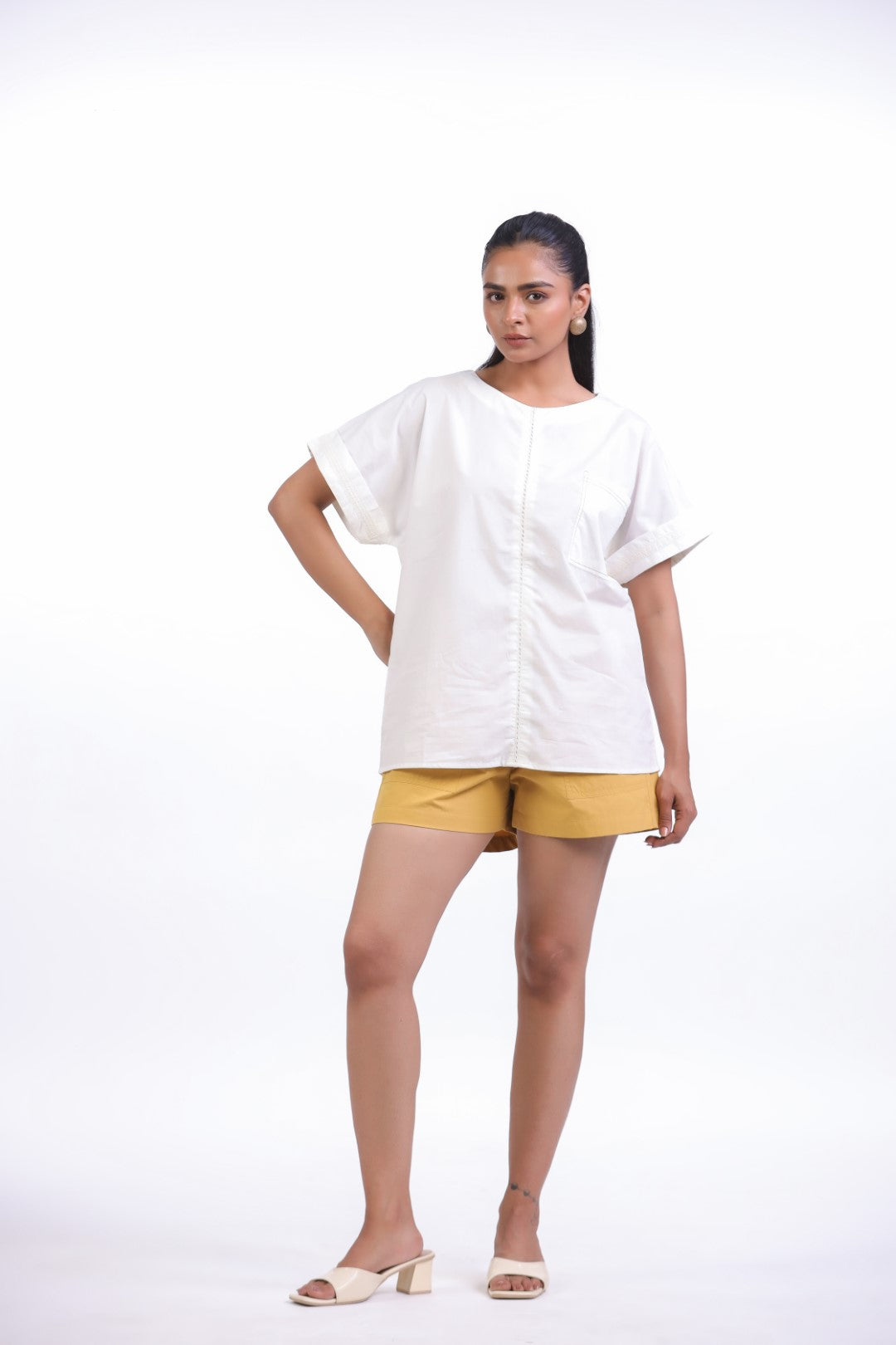 Women White Cotton Top With Yellow Shorts (Co-ord)
