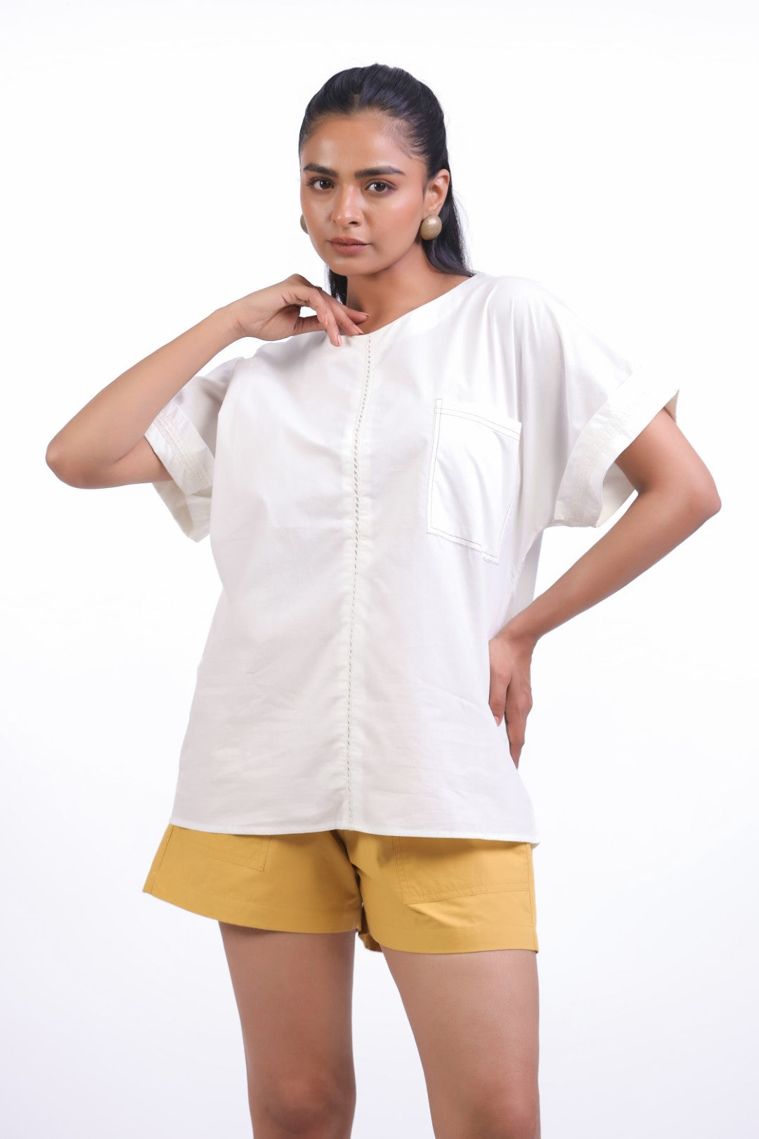 Women White Cotton Top With Yellow Shorts (Co-ord)