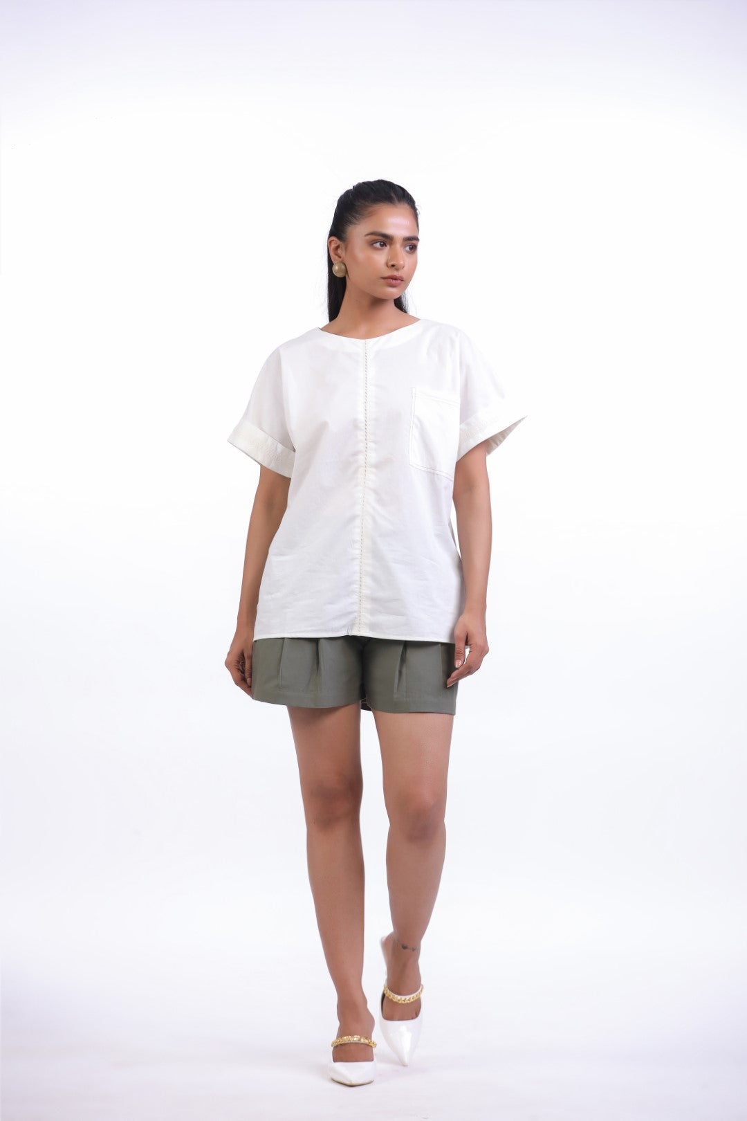 Women White Cotton Top With Green Shorts (co-ord)