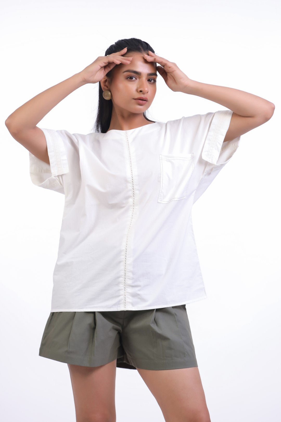 Women White Cotton Top With Green Shorts (co-ord)