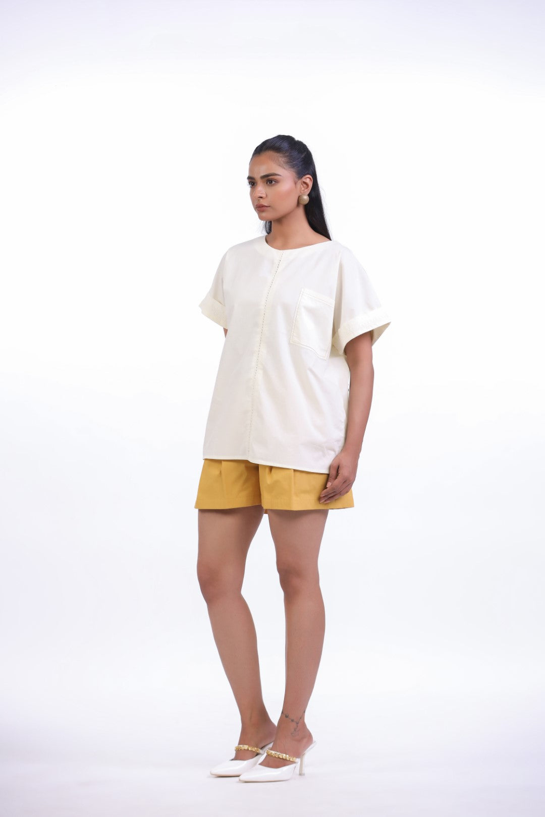 Women's Off-White Cotton Top With Yellow Shorts (CO-ORD)