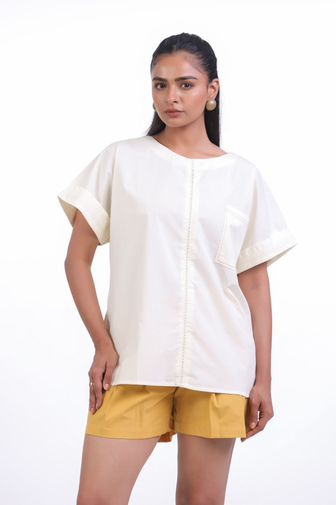 Women's Off-White Cotton Top With Yellow Shorts (CO-ORD)
