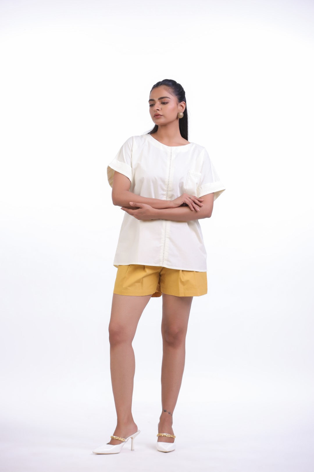 Women's Off-White Cotton Top With Yellow Shorts (CO-ORD)