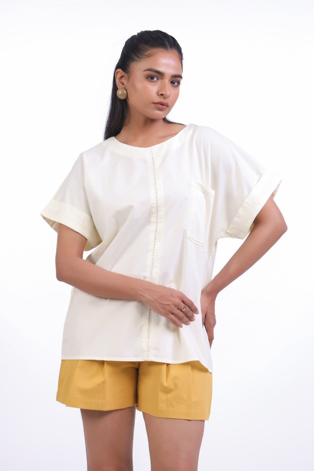 Women's Off-White Cotton Top With Yellow Shorts (CO-ORD)