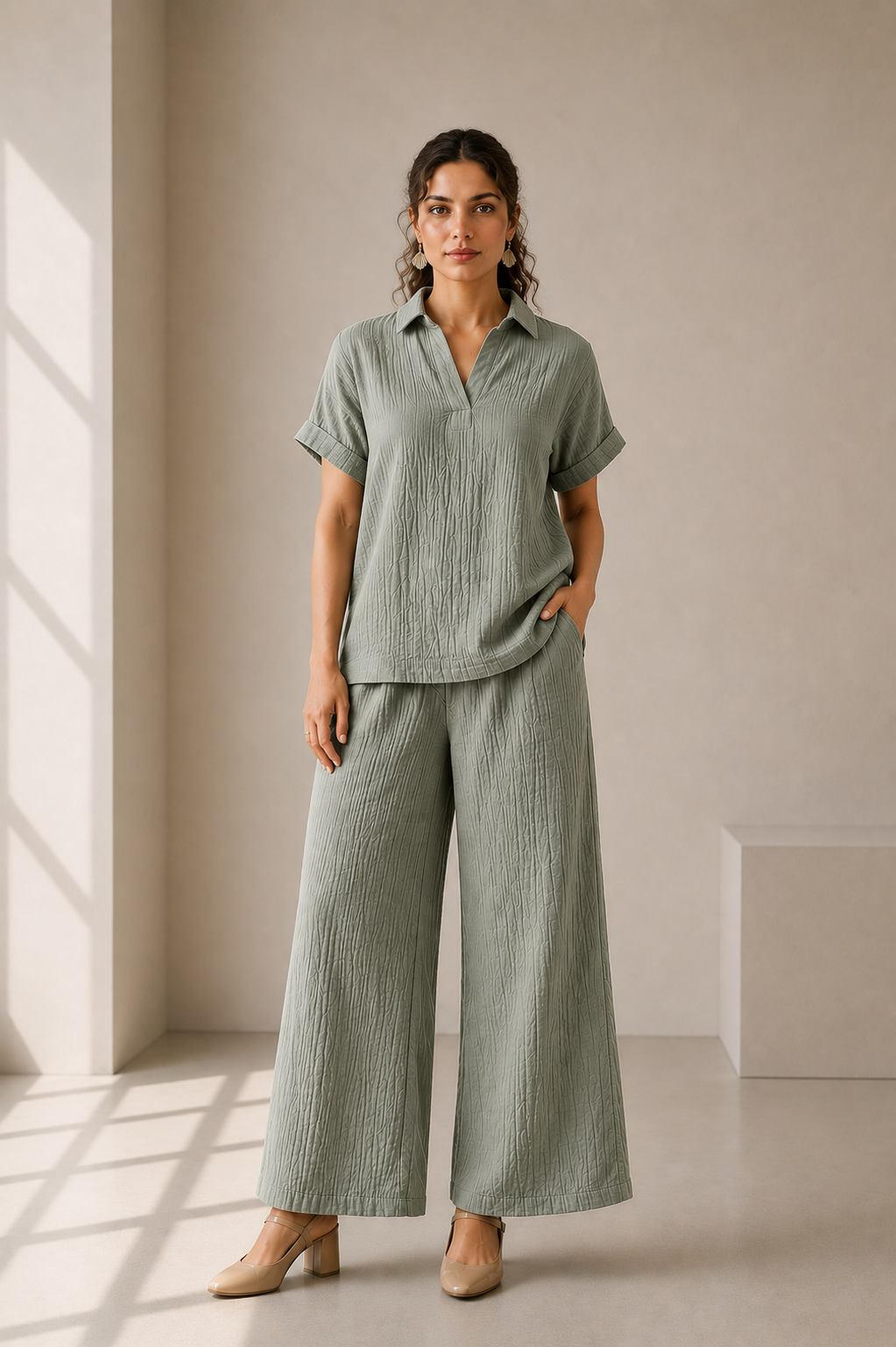 Soft Sage Relaxed Button-Front Cotton Co-ord Set
