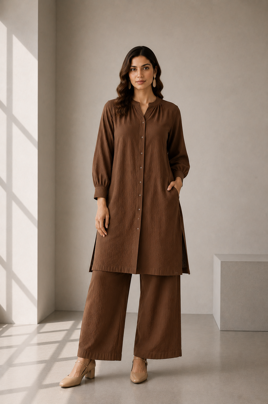 Mocha Brown Longline Cotton Co-ord Set
