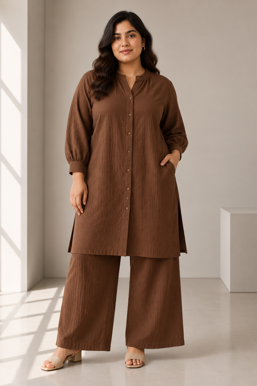 Women’s Double Gauze Longline Tunic Co-Ord Set – Mocha Brown