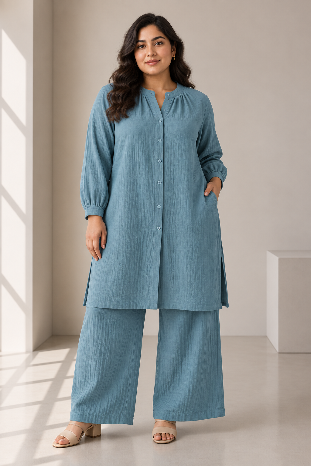 Women’s Double Gauze Longline Tunic Co-Ord Set – Dusty Blue