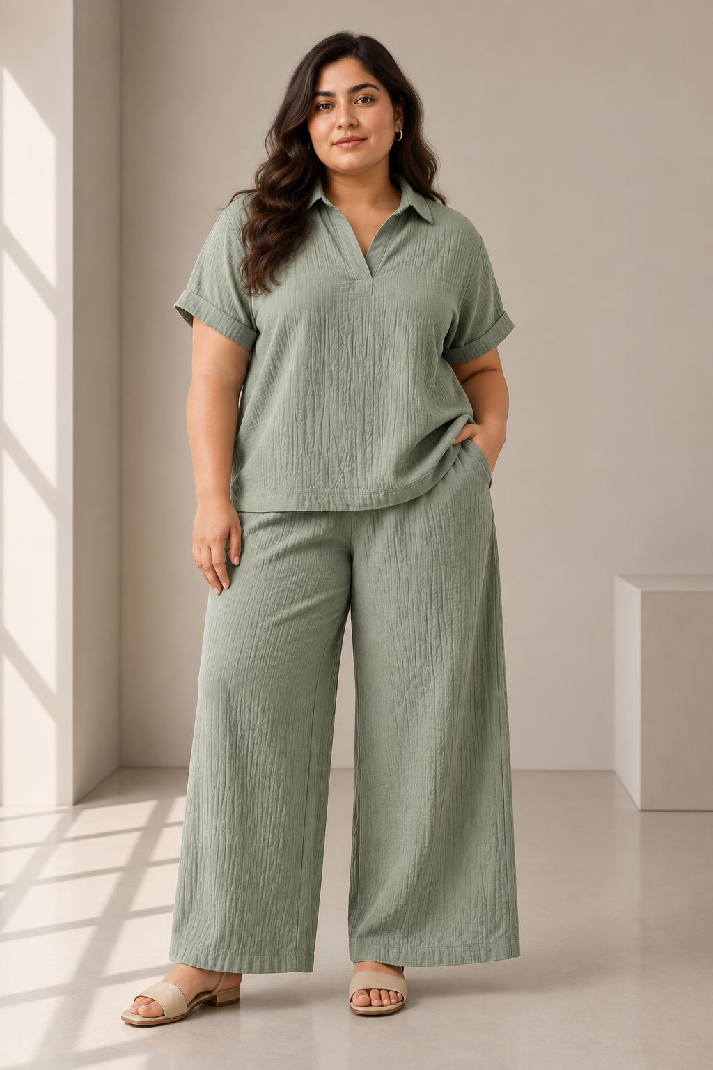 Women’s Double Gauze Relaxed Fit Co-Ord Set – Sage Green