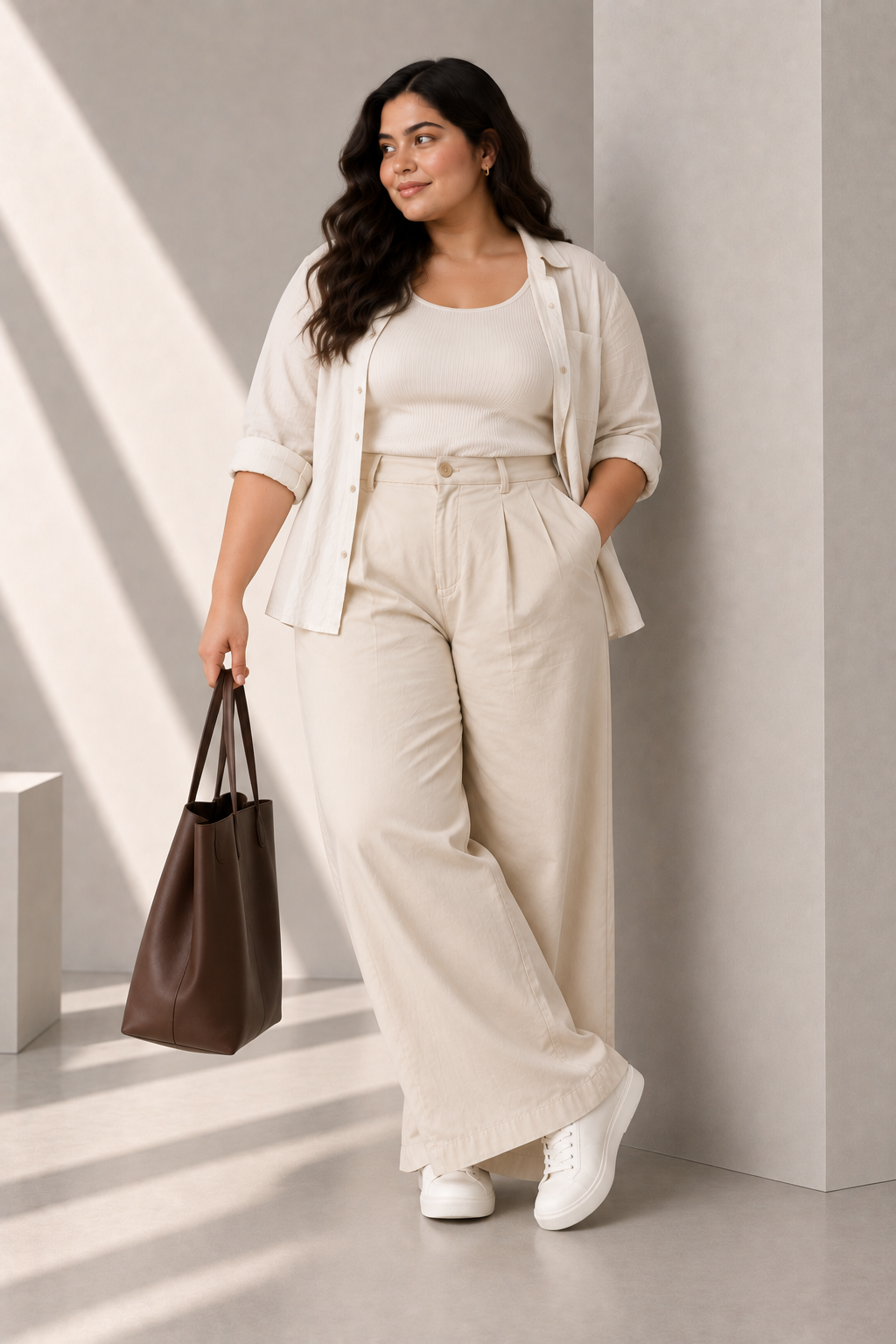 Women Beige Cotton Poplin Wide Leg Trouser | High Waist Straight Fit Pants