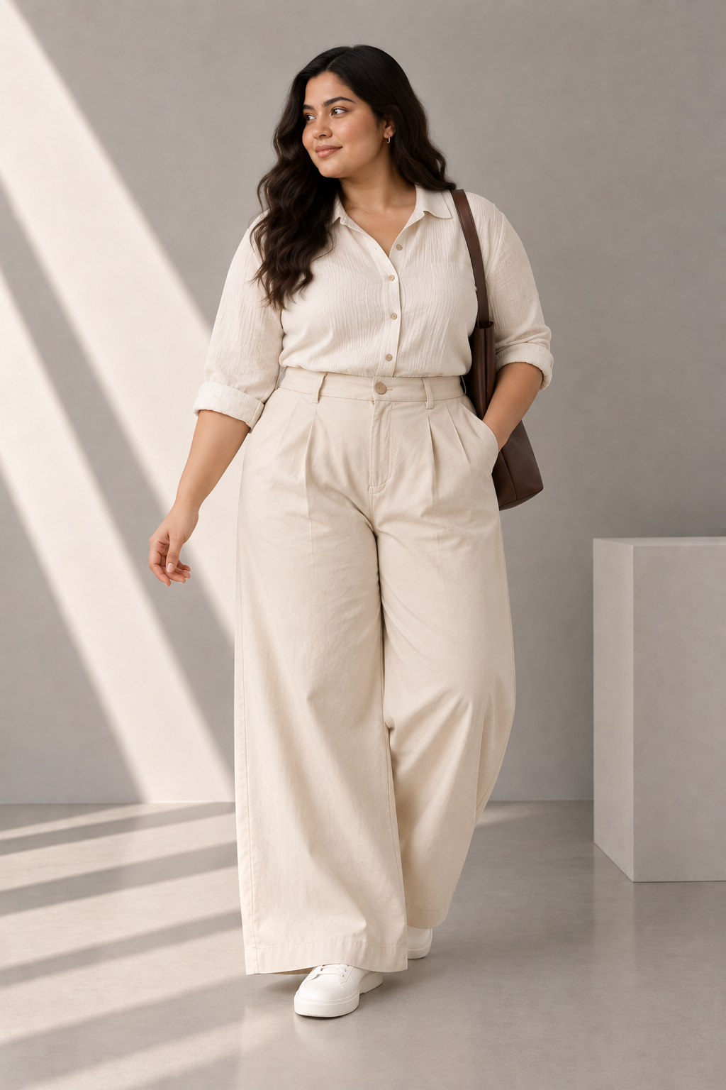 Women Beige Cotton Poplin Wide Leg Trouser | High Waist Straight Fit Pants